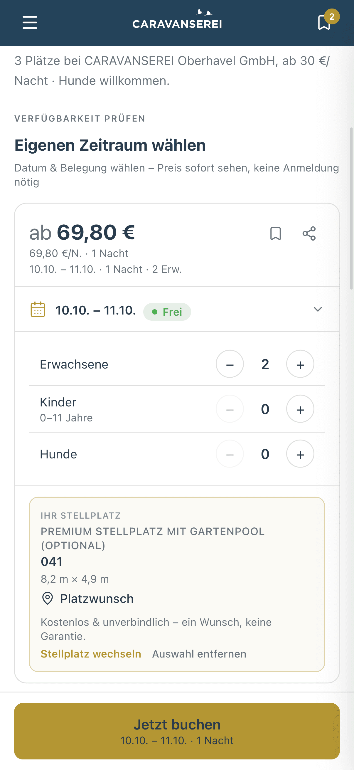 Mobile Buy-Box mit Kalender, Verfügbarkeit, Gästen, Preis und ausgewähltem Wunschplatz