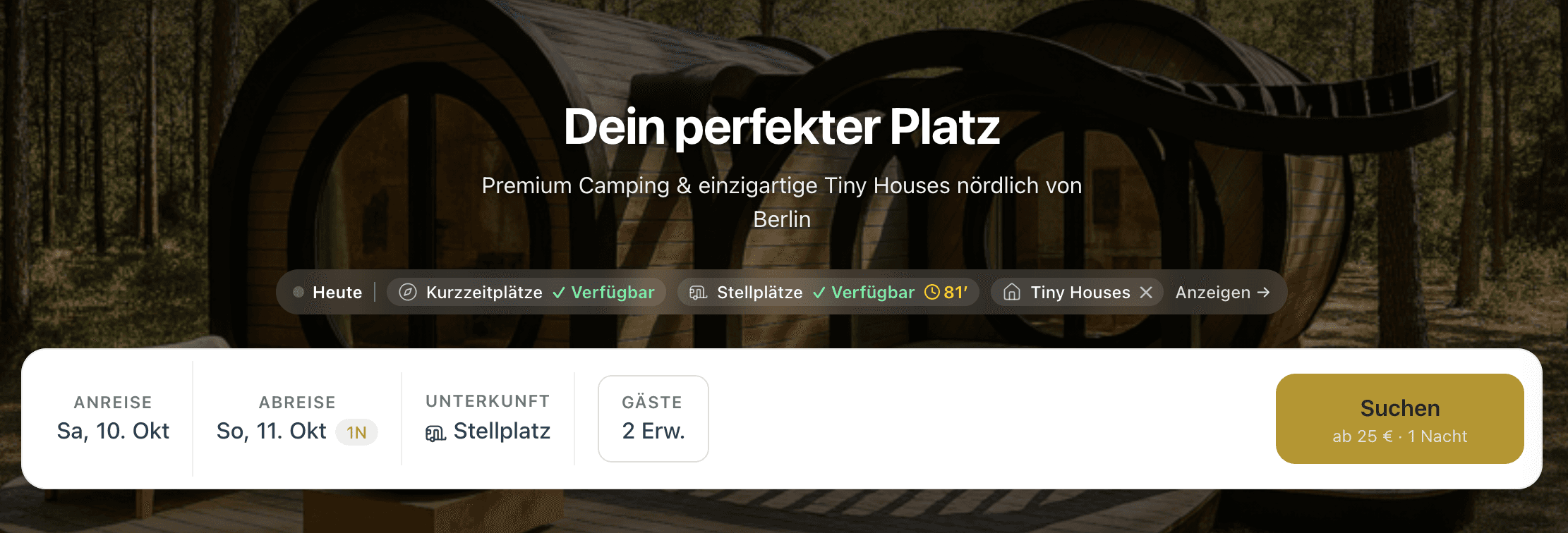 Startseite der Caravanserei mit einer Leiste für heute verfügbare Kurzzeitplätze, Stellplätze und Tiny Houses