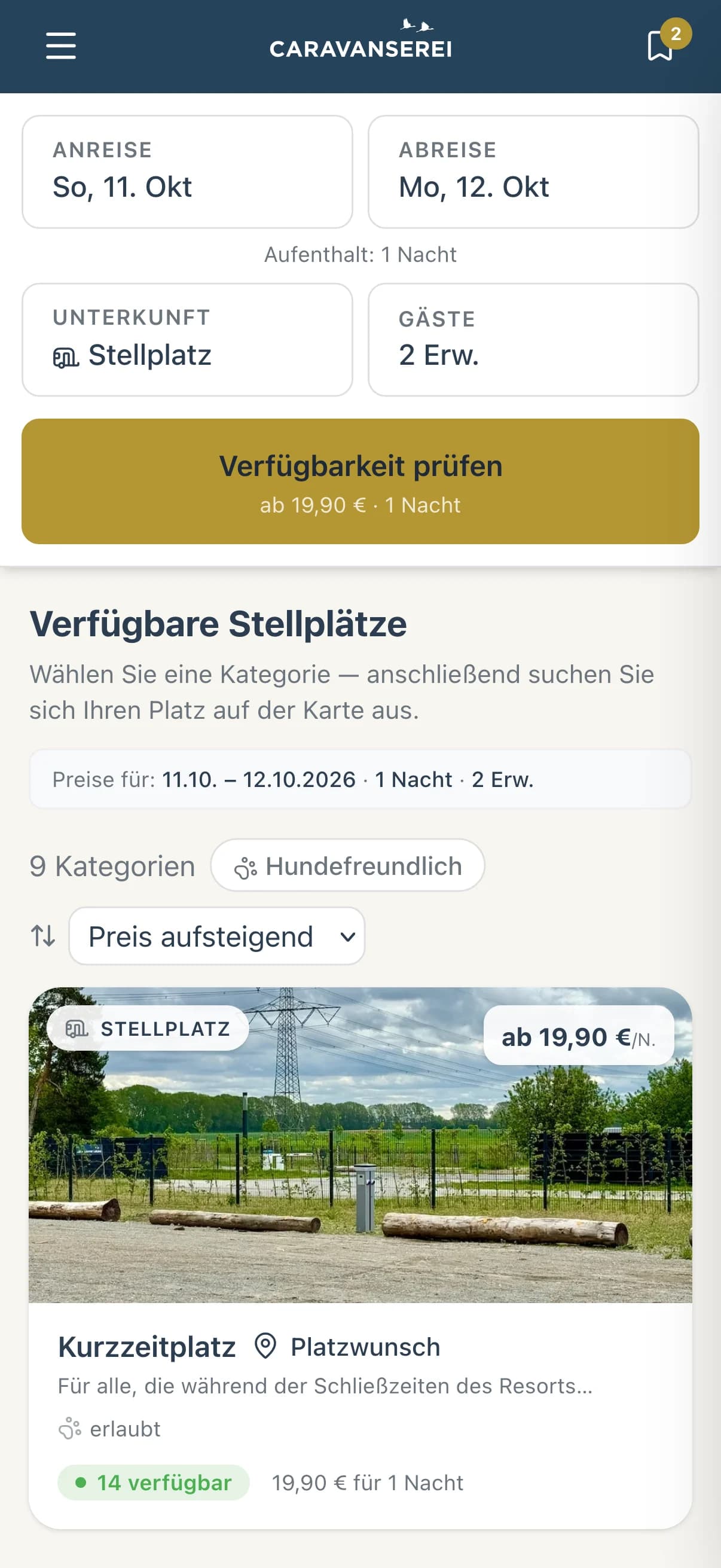 Mobile Stellplatzsuche mit Reisedaten, Filtern, Sortierung und verfügbaren Stellplatz-Kategorien samt Preis