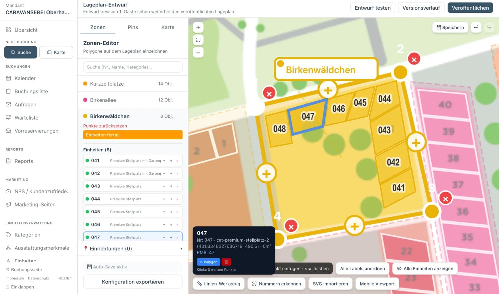Anonymisierter campmagnet Zonen-Editor mit markiertem Bereich Birkenwäldchen, acht Parzellen und Werkzeugen zum Bearbeiten des Lageplans.