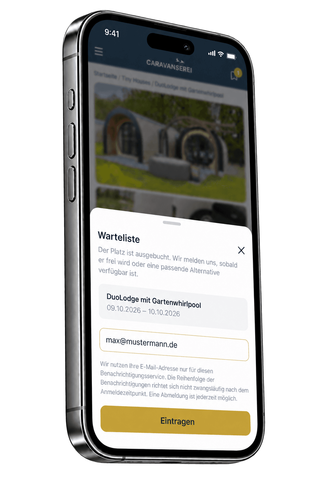 Neues Wartelistenformular der Caravanserei auf einem Smartphone